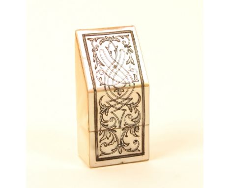 A good mother of pearl needle packet box, of rectangular form with slanting top, the front inlaid with white metal leaf scrol
