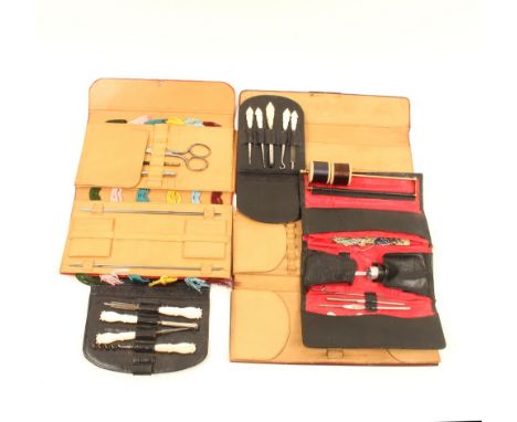 Five sewing cases and tool cards, comprising; a red leather folding rectangular example by "Lockwood and Co., 75 New Bond St.