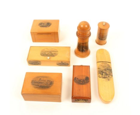 Seven pieces of Mauchline ware, comprising; an egg timer in rectangular hinged cedar wood case with brass hanging mount (Cros