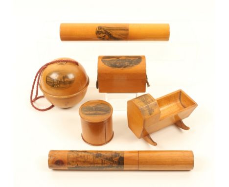 Six pieces of Mauchline ware, comprising; a wool ball holder on cord (The New Clock Tower, Weymouth), 9.2cm, a dome top reel 