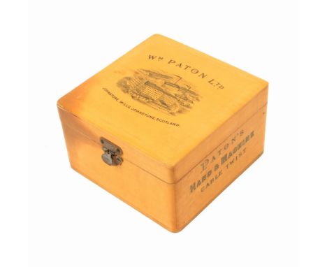 An unusual Mauchline square reel box for Wm. Paton Ltd., with four complete original reels, titled lid with view of Johnstone