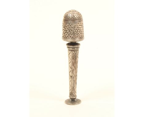 A standing needlecase/thimble, probably German, early 18th century, silver screw rim thimble with trellis and punched design,