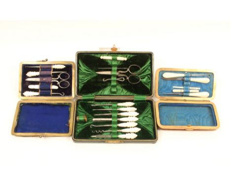 Three late 19th/early 20th century leather covered sewing companions, comprising; a tan leather rectangular example with bras