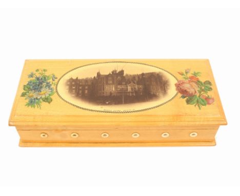 An unusually large rectangular Mauchline reel box for James Chadwick (Hydro Estab: Crieff FB - photographic oval flanked by p