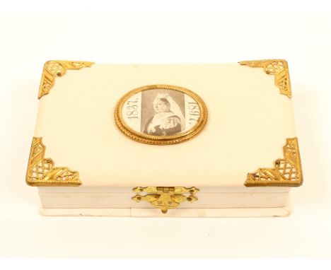 A child's sewing companion to commemorate the 60-year reign of Queen Victoria, of rectangular form in cream card with oval po