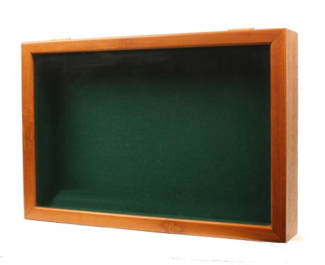 A modern purpose-built counter display case for sewing tools, in teak finish, glazed hinged lid with stay, baize lined, 58cm 