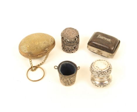 Five thimble cases, comprising; two hinged white metal box form examples, both stamped, both 2.5cm, a brass thimble egg on ch