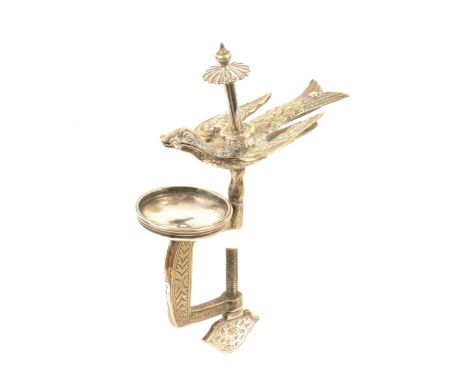 A silver plated hemming bird clamp, the decorated rectangular frame with initialled screw terminal "M. W.", below a bowl form