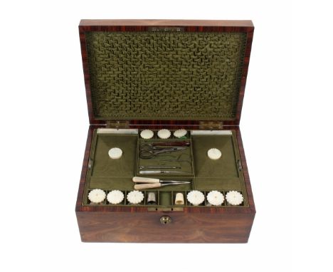A fine quality late Regency rosewood sewing box of rectangular form and finely figured, initialled in brass wire to the lid "
