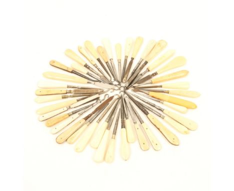 Forty sewing and other tools, suitable for sewing boxes, all with plain bone handles, including stilettoes, button hooks, man