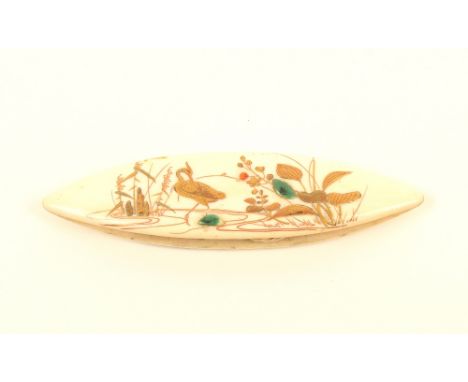 A fine 19th century ivory, shibayama and lacquer Japanese tatting shuttle, one side decorated with a bird in water amid water