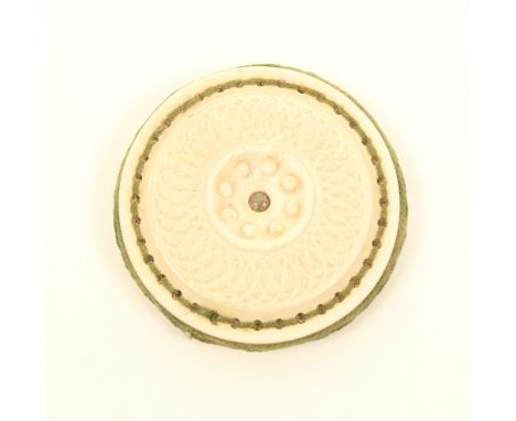 A bone disc form pincushion, with Stanhope (Memory of Ilfracombe - 6-view), one side plain, one with engine turned decoration