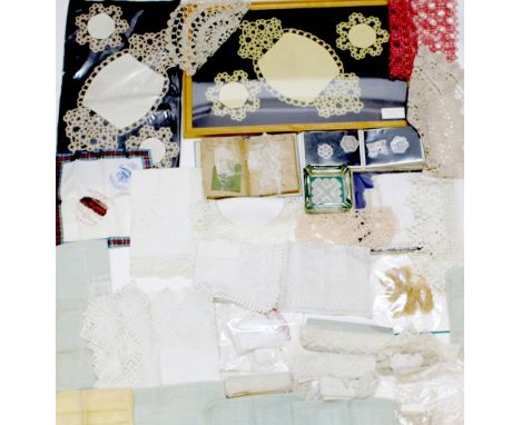 A collection of lace, whitework, tatting, etc., numerous pieces including a crude sample book inscribed "M. Herbage, 21 The C