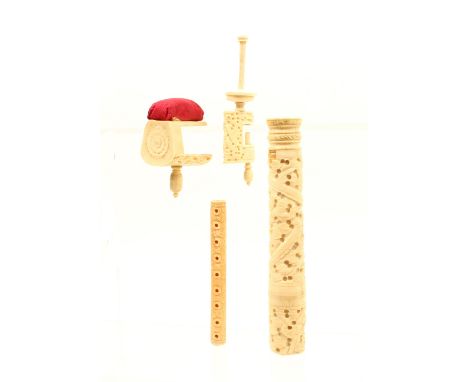 Two Chinese bone sewing clamps and two other pieces, comprising; a pincushion clamp, 6.5cm, another with reel top, 10.5cm, a 