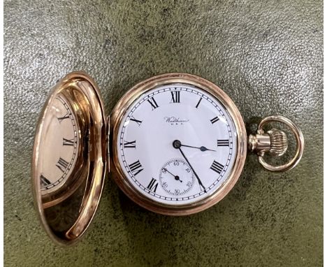 A gold plated Waltham full hunter pocket watch, the white dial with roman numerals and a sub second dial, with inscription 'P