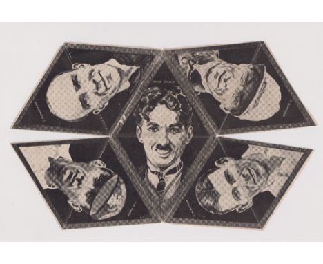 Trade card, Anon, large fold-out paper novelty with five heads to each side, Cinema & Sport Personalities, Charlie Chaplin, C