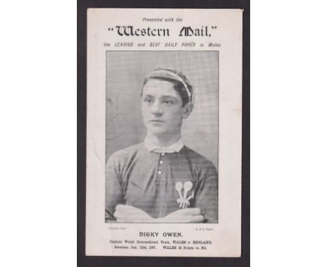 Trade card, Western Mail, large b/w Giant Postcard showing Dicky Owen, Captain of Welsh Rugby Team, Wales v England, 12 Janua