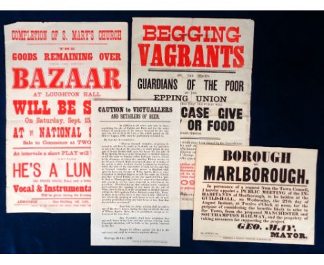 Ephemera, 5 vintage posters to comprise 1845 Borough of Marlborough announcement of meeting to discuss the arrival of the Man