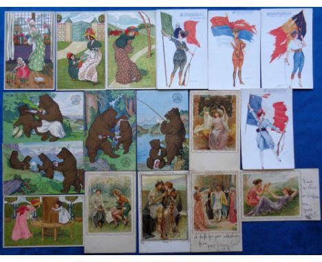Postcards, a mixed subject selection of approx. 29 cards, inc. set of 12 cards illustrated by Hassall depicting sport and pas