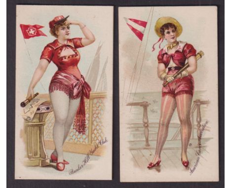 Cigarette cards, USA, Buchner, Yacht Club Colors (Girls), two cards, American Canoe Association & Bunker Hill Yacht Club (som