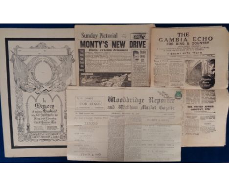 Ephemera, selection of 36 items, inc. Newspapers, 1905 Wales v NZ Rugby, Scotsman 1941 Calender op, Woodbridge Reporter 1926,