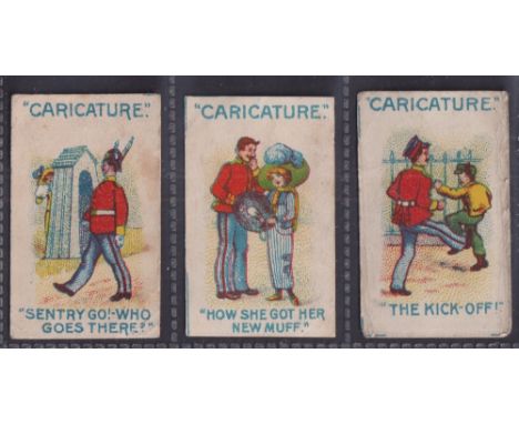 Trade cards, Barratt's, Caricature, three cards, 'Sentry Go! - Who Goes There?', 'How She Got Her New Muff' (both with some s
