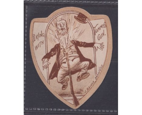 Trade card, Baines Shaped Shield, Military Themed type card, 'Playing With Tommy's Gun' (slight scuff at the top on the back 