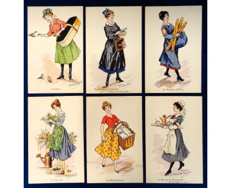 Postcards, Women at Work, WWI, art style set of six by Chamouin, waitress, florist, tram conductress, bread seller etc., (vg)