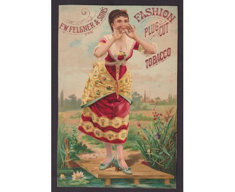 Tobacco advertising, USA, F.W. Felgner & Sons, shop advertising display card for 'Fashion Plug Cut Tobacco', illustrated with