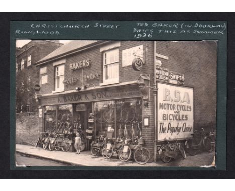 Postcards, Hampshire, an RP shop front for Bakers Cycles, Radio Repairs etc at Christchurch Street Ringwood, with bicycles ou