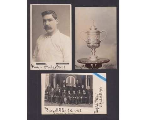 Football postcards, Bury FC, 3 photographic cards relating to the 1903 Cup Final Team, one showing team group in civilian clo