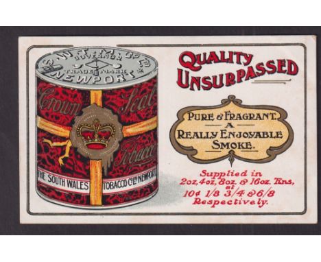 Tobacco advertising, South Wales Tobacco Co, Postcard size card illustrated with tobacco tin to one side & printed image of t