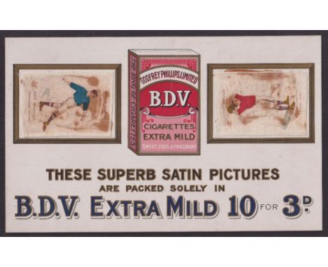Tobacco silks advertising, Phillips, a shop advertising display card for B.D.V. Satin Football Colours, illustrated with pack