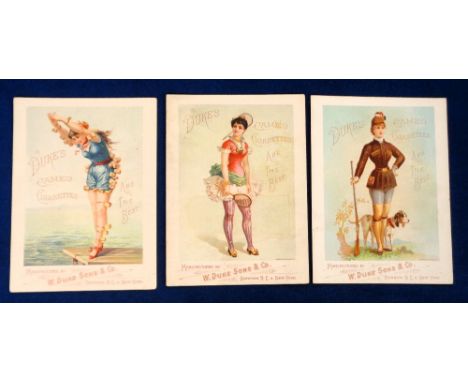 Cigarette cards, USA, Duke's, Sporting Girls, 'XL' size, approx. 190mm x 140mm, three cards, Diving, Hunting & Tennis (slight