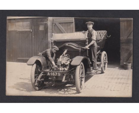 Postcard, Motoring, scarce RP, working on car engine, plate A1679 (vg)