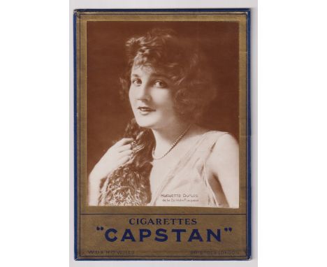 Tobacco advertising, Wills, a shop display card showing photographic image of Huguette Duflos with advert for Capstan Cigaret