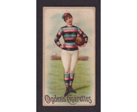 Cigarette card, Ogden's, Cricket & Football Women (Cox back, Brown), type card, Footballer, blue, black & pink hooped shirt (