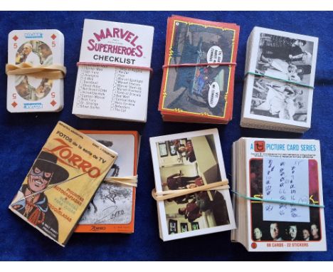 Trade cards, Seven part sets, Topps 1984 Masters of the Universe He Man (64 plus 3 stickers), Topps 1984 Marvel Super Heroes 
