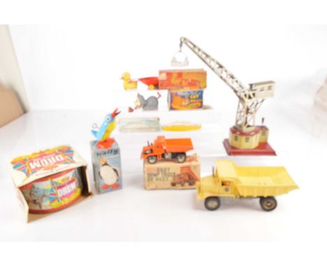 Tinplate Crane and Chad Valley Drum and various plastic clockwork and battery Toys (7), Kellerman or similar German US Zone t