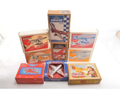 ERTL and Similar Diecast Aircraft Coin Banks All Food and Drink Branded (9), all boxed, ERTL, B900 Coca Cola 1932 Northrop Ga