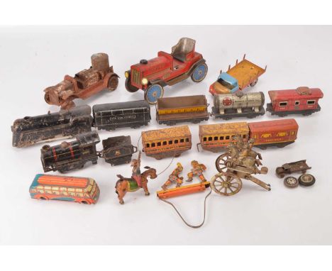 Collection of circa  1960's playworn and rusty Tin Toys and Trains (18 Pieces), including, large scale Wells Brimtoy chain Tr