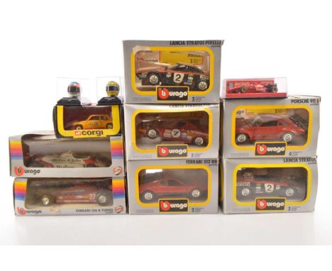1980s and Later Competition and Private Cars and Race Helmets (11), all boxed/cased, Burago 1:24 scale,  mainly loose in boxe