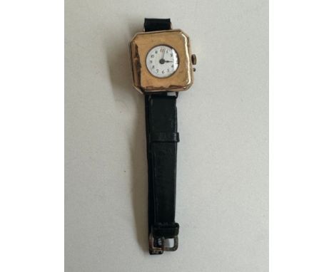 A Victorian 9ct rose gold geometric design ladies automatic watch with engraved monogram to the back. White enamel dial with 