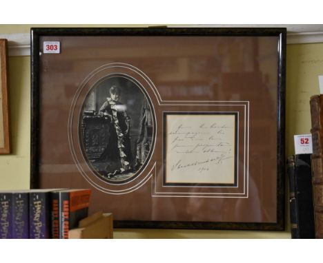 BERNHARDT (Sarah):&nbsp;autographed sentiment dated 1914, window mounted beside reproduction photographic portrait, framed an