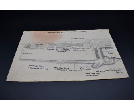 WORLD WAR II ESCAPE PLAN:&nbsp;'Sectional Drawing of Escape Tunnel - Harry...': pencil drawn cross section showing POW camp b