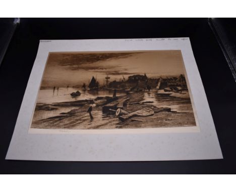 BALL (Wilfrid):&nbsp;'Saxon Harbour, Bosham': sepia etching on paper, signed artist's proof 1908, 1 of 400 copies, approx 55 
