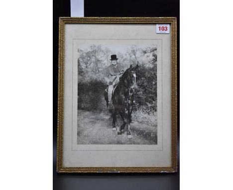 CHURCHILL (Sir Winston):&nbsp;vintage black and white photograph showing an elderly Sir Winston Churchill astride a horse wit