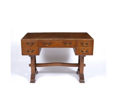 Cotswold School 1920's oak desk or sideboard, brass dropper handles, unmarked, 106cm x 73cm x 59cm 