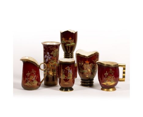 Carltonware Rouge Royale  'Mikado' and 'New Mikado' six vases and jugs, with painted script marks to base, tallest measures 2