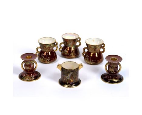 Carltonware Rouge Royale  Collection of vases and a pair of 'Spiderweb' squat candlesticks, 8cm high, all with printed script
